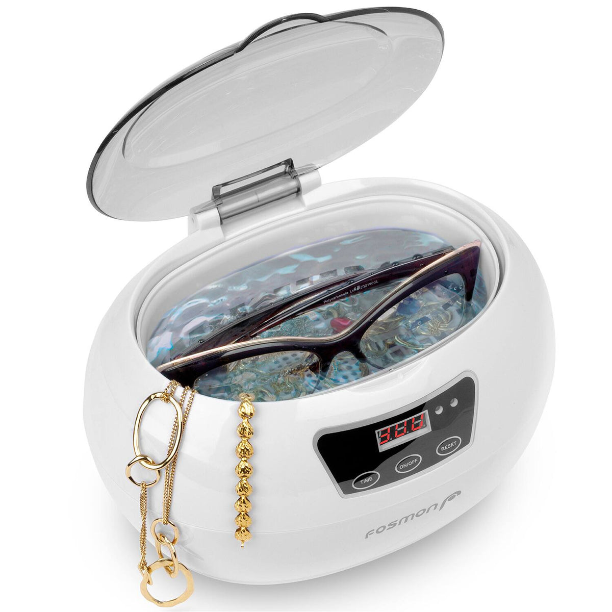Fosmon - 600ML 42kHz Ultrasonic Jewelry Cleaner Polisher with Digital Timer for Dentures, Retainer Cleaner, Mouth Guard, Dental - White