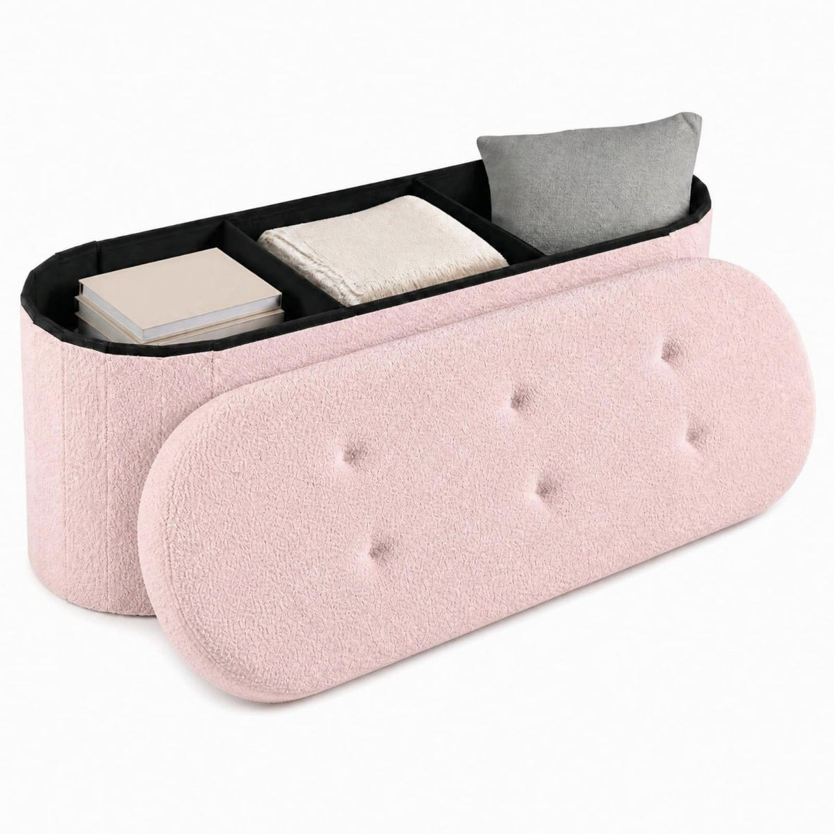 Costway - Storage Ottoman Bench 43" Oval Ottoman with Dividers Folding Teddy Boucle Footrest - Pink
