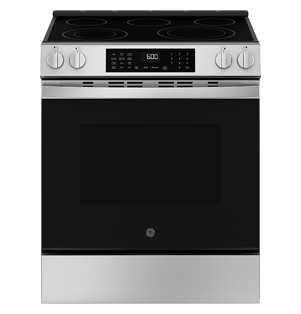GE - 30 in. Wide 5 Elements 5.3 Cu. Ft. Slide-In Electric Convection Range with Steam Cleaning and EasyWash Oven Tray - Stainless Steel