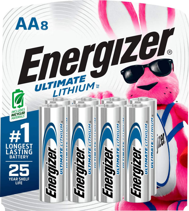 Front. Energizer - Ultimate Lithium AA Batteries (8 Pack), Double A Batteries - Silver.