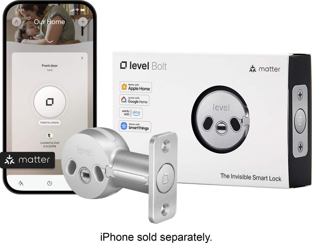 9:41 AM  
Our Home  

Front door  
1 of 2  

Hold to unlock  

Locked by Dad  
4:30 PM  

Works with Apple Home  
Works with Google Home  
Works with Alexa  
Works with SmartThings  

iPhone sold separately.  

level Bolt  
The Invisible Smart Lock  

matter