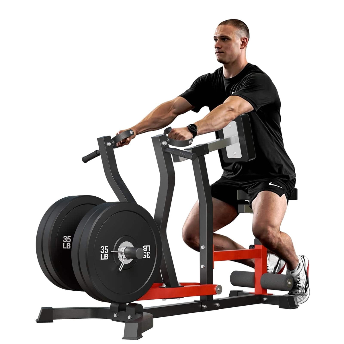 Syedee - Seated Row Machine, Plate Loaded Lat and Back Workout Equipment with Adjustable Positions and Rotating Handles - Red