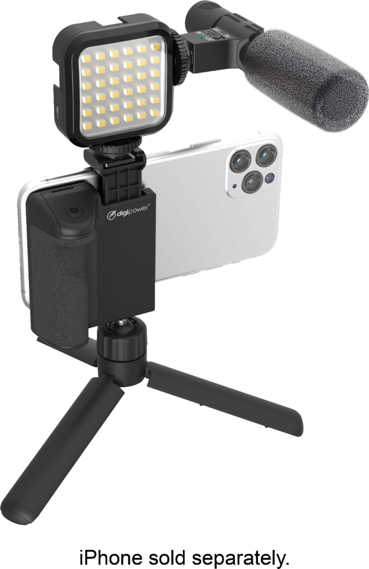 Digipower - Follow ME Vlogging Kit for Phones and Cameras – Includes Microphone, LED light, Bluetooth remote, phone grip and tripod - Black