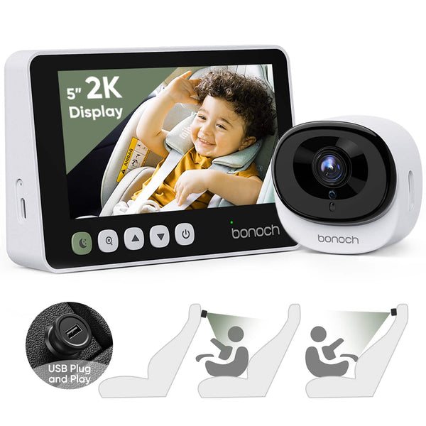bonoch - 2K Baby Car Camera with Full Crystal Night Vision, 5 Inch Baby Car Montior for Back Seat Rear Facing - White