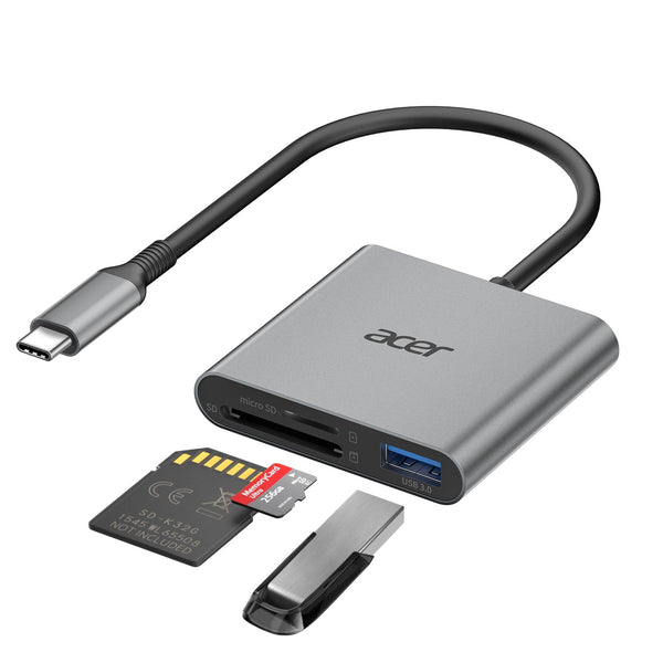 Acer - SD Card Reader USB C, 3 in 1 Memory Card Reader with Dual Slots & USB 3.0, Micro SD Card Adapter - Gray