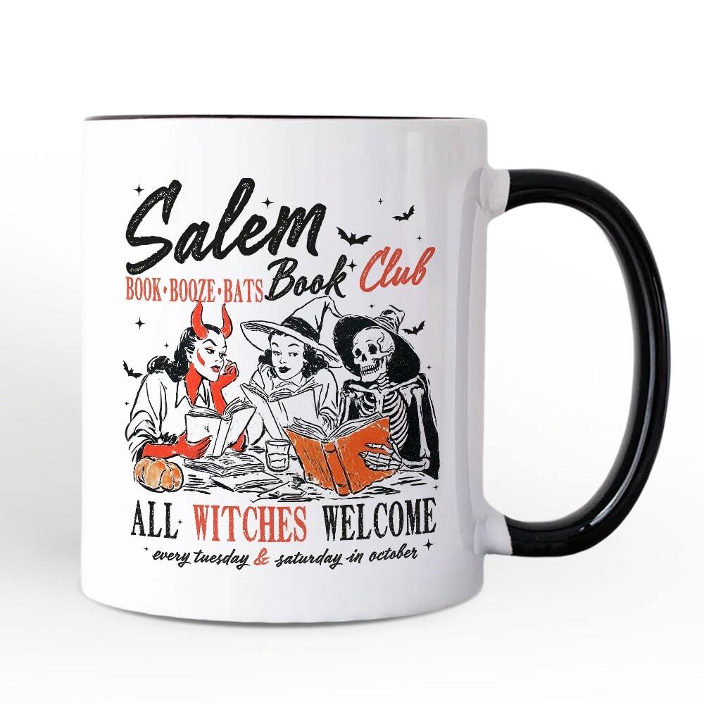OrnamentallyYou - Salem Book Club Witches Mug, Spooky Halloween Reading Girl Gift - White