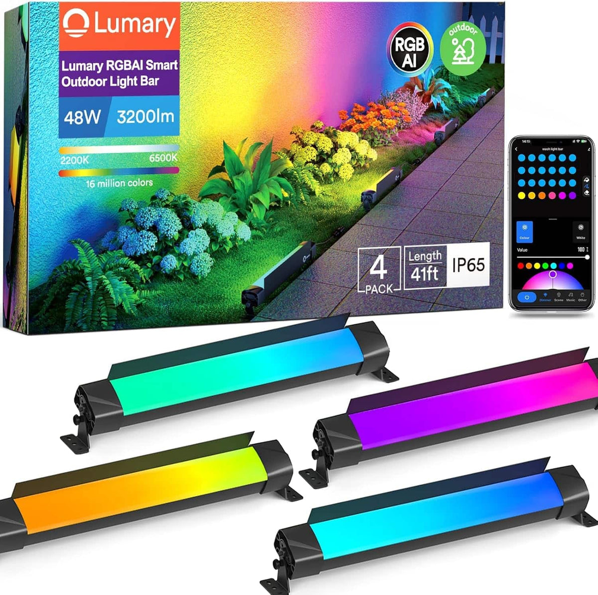 Lumary - Smart Outdoor Flood lights, RGBAIWW Color Changing Wall Washer Lights, APP&Voice Control, 4 Pack - Black