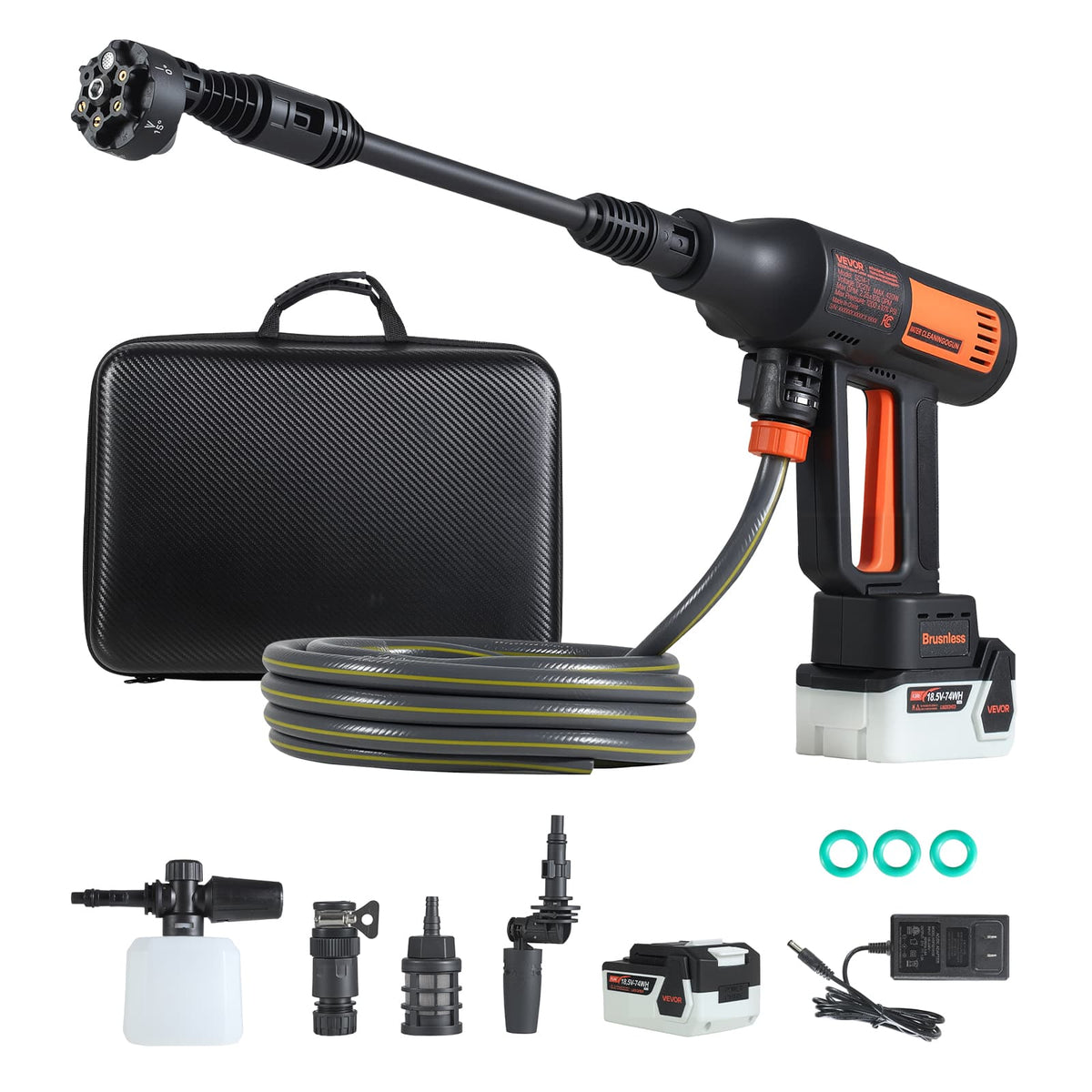 VEVOR - Cordless Pressure Washer, 1200PSI MAX Portable Pressure Washer with Brushless Motor, Dual Batteries, 6-in-1 Nozzle - Black;Orange