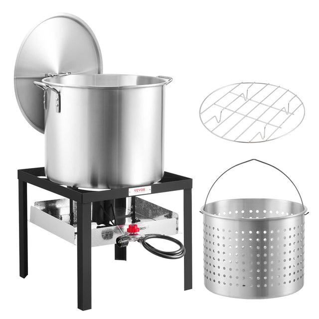 Front. VEVOR - 80 Qt Seafood Boiling Kit with Strainer, Outdoor Seafood Boil Pot and Basket, Cooking Set for Crawfish Lobster Boiling - Silver.