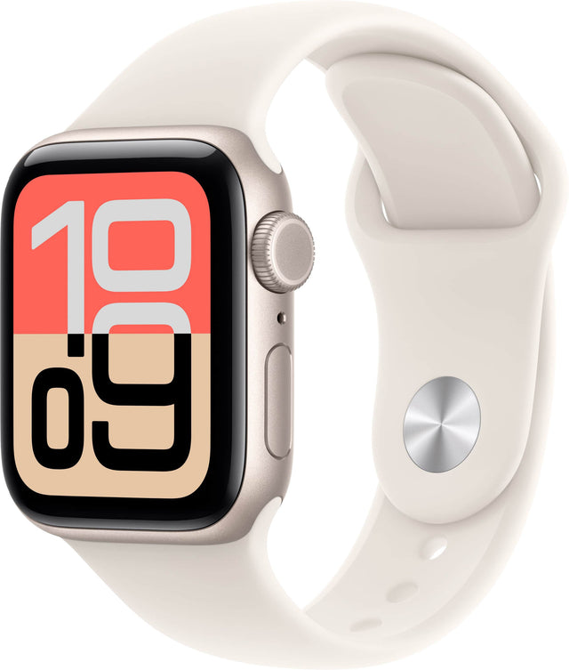 Front. Apple - Apple Watch SE 3 (GPS+Cellular) 40mm Aluminum Case with Starlight Sport Band - M/L - Starlight.