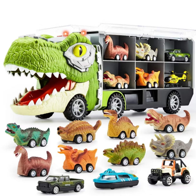 Front. Joyfy - 13-in-1 Dinosaur Carrier Truck Toy with Pull Back Cars for Boys Ages 3-5, Dinosaur Toys, Birthday Gift for Toddler.