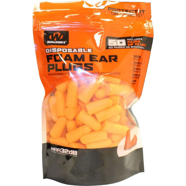 PROTECT IT OR LOSE IT!  
WALKER'S  
DISPOSABLE FOAM EAR PLUGS  
50 PAIRS OF PLUGS  
50 PAIRES DE BOUCHONS  
NRR32dB NOISE REDUCTION RATING