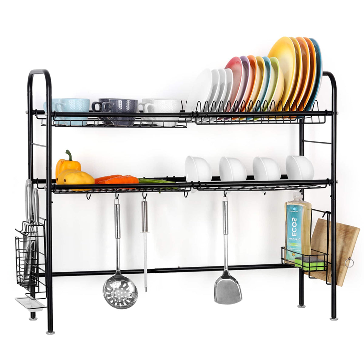 Oumilen - 2-Tier Dish Drying Rack, Stainless Steel Kitchen Storage Organizer with Hooks, Black - Black