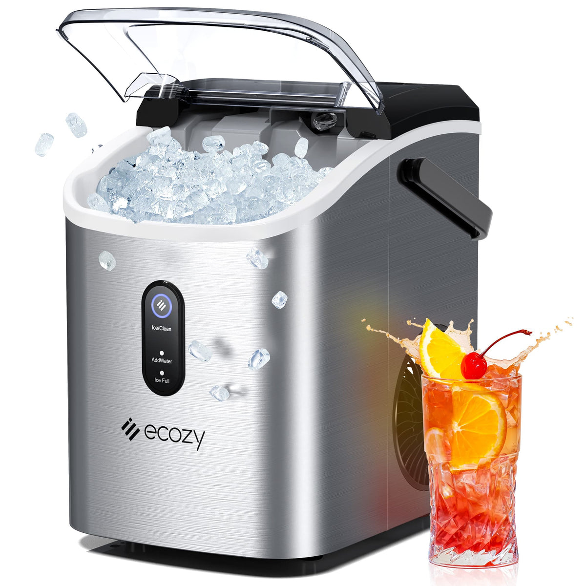Ecozy - Nugget Ice Maker Countertop with Handle, 33 lbs Per Day with Ice Bags and Scoop - Silver