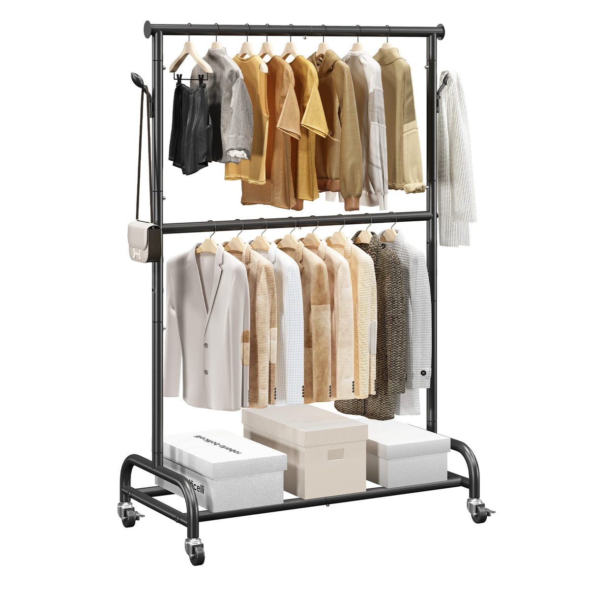 VEVOR - Clothes Rack, Rolling Clothing Garment Rack with Adjustable Crossbar and Side Hooks, 150 lbs Load Capacity - Black