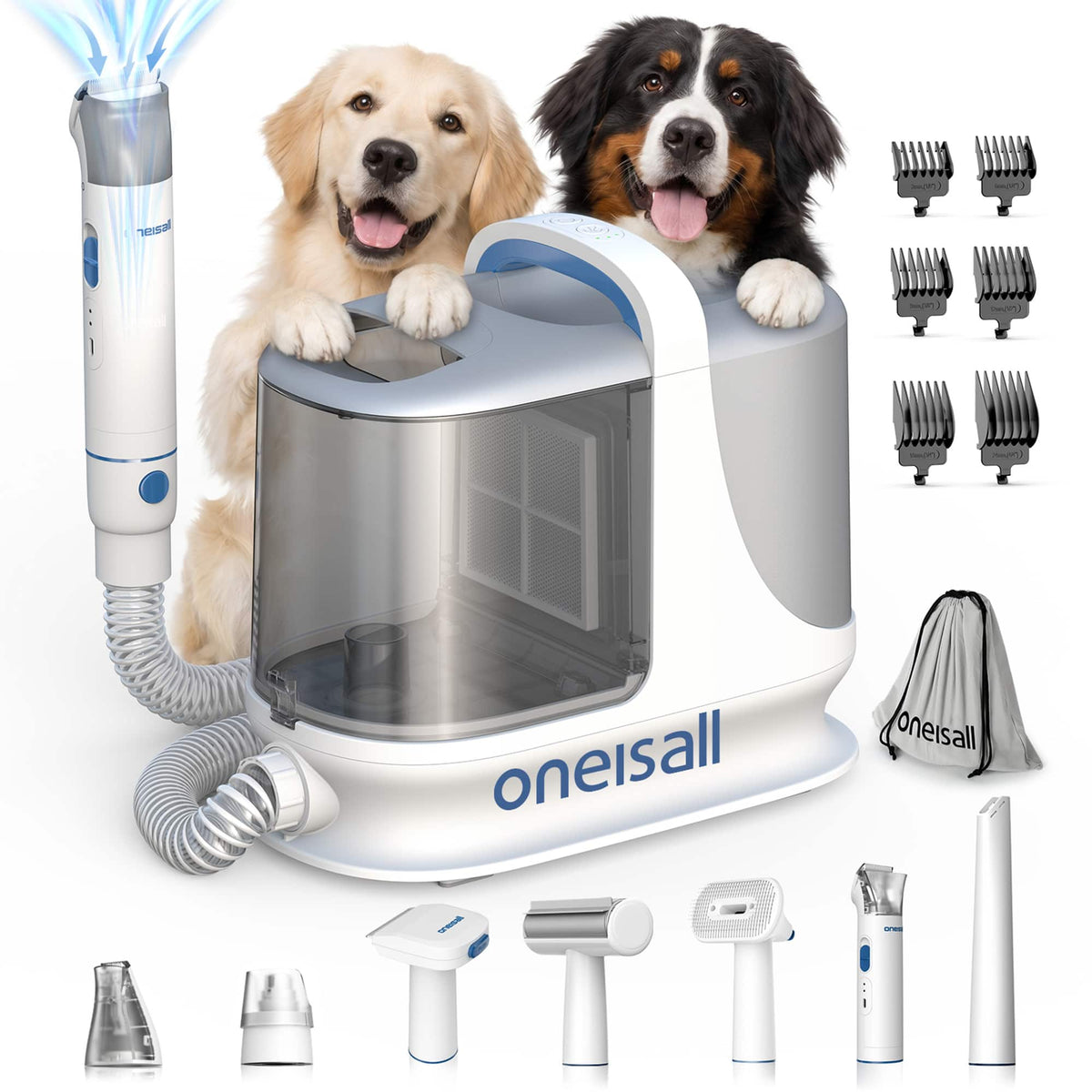 Oneisall - 7-in-1 Professional Pet Grooming Vacuum With Clipper, Paw Trimmer, Nail Grinder, Shedding Brush Low Noise High Suction