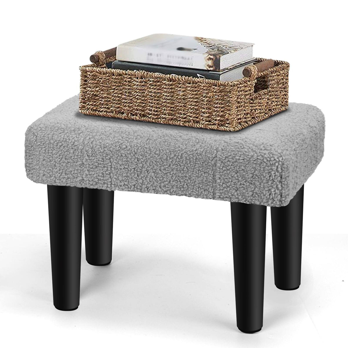 Oumilen - Light Tufted Teddy Fleece Foot Stool – 4 Black Wood Legs Mini Ottoman for Living Room Bedroom Vanity - Gray