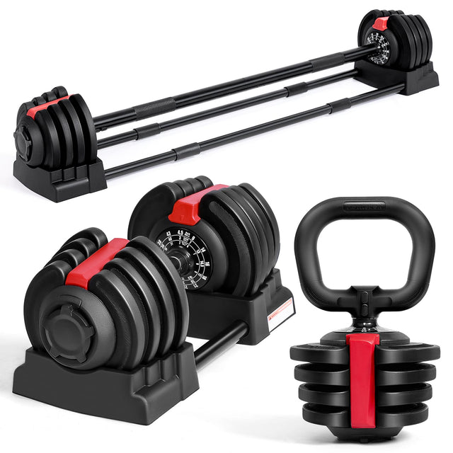 Front. KERDOM - 3 in 1 Convertible Dumbbell used as Barbell, Kettlebell, Push up Stand, 2-43 lbs Adjustable Weight with Connector, 1pc - Red.