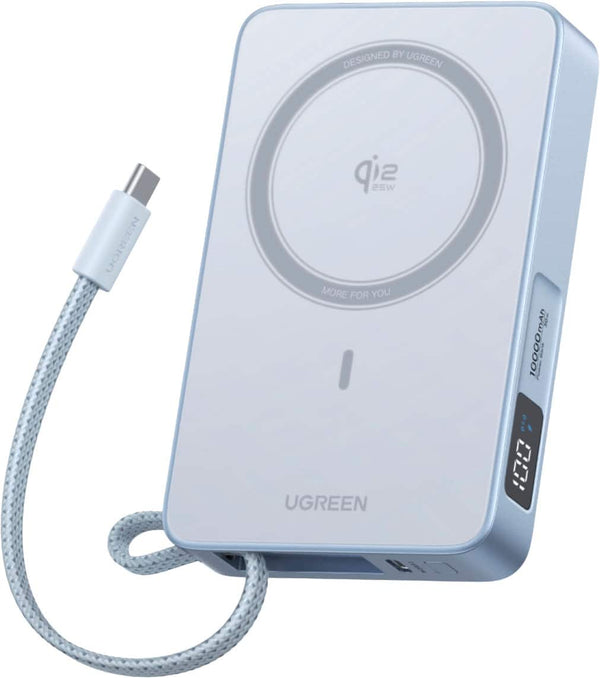 UGREEN - MagFlow Qi2.2 25W Magnetic Power Bank for MagSafe, 10,000mAh Portable Charger with 30W Built-in Cable - Blue