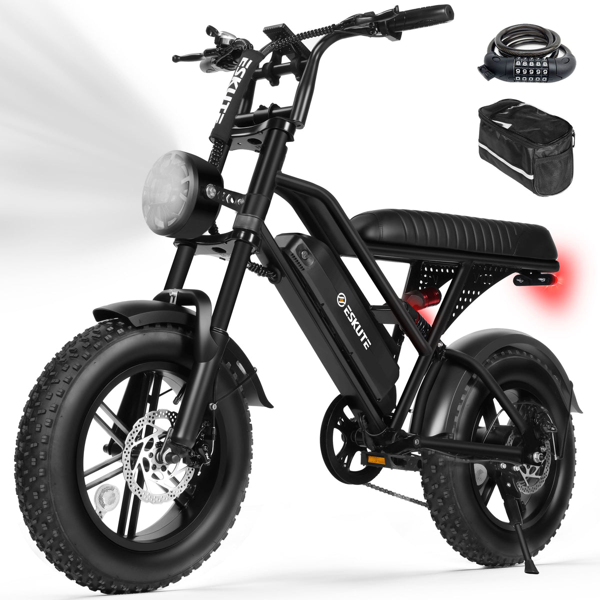 Eskute - 16" Fat Tires Electric Bike - 1500W Peak Motor, Up to 60-Mile Range, Dual Suspension With Phone Bag & Lock - Black
