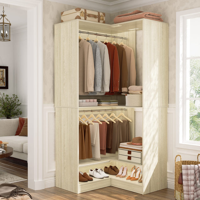 Front. Aheaplus - Modular Corner Closet System, 31'' Corner Tower with 2 Hanging Rods and Shelves for Storage & Organization - Beige Oak.