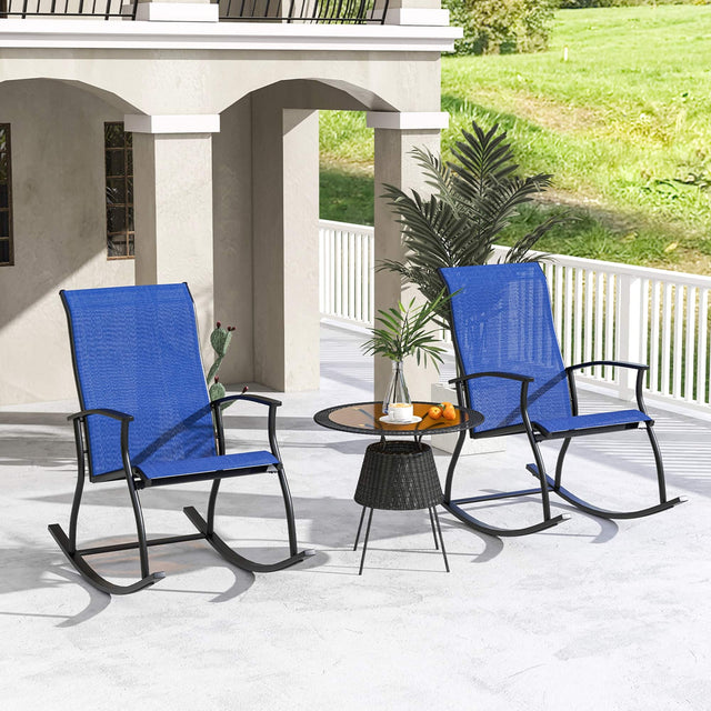 Front. Costway - Costway 2 PCS Outdoor Rocking Chairs with Breathable Backrest Smooth Safe Rocking Design - Blue.