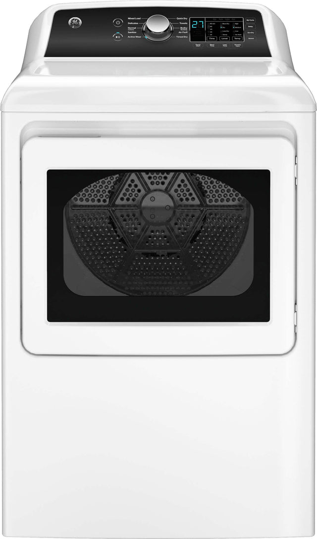 Front. GE - 7.4 Cu. Ft. Front Load Electric  Dryer with Sensor Dry - White with Matte Black.