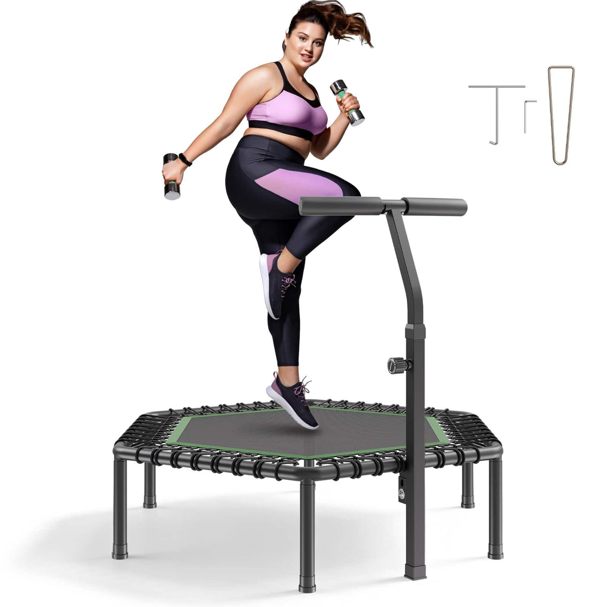 VEVOR - 54.5 Inch Mini Trampoline, 450 lbs Max Load Fitness Rebounder, Stable & Quiet Small Trampoline with 3 Levels Height - Black & Green