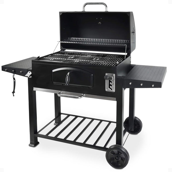 Grill Boss - 32 Inch Charcoal BBQ Grill, Side Shelves, Built In Thermometer - Black