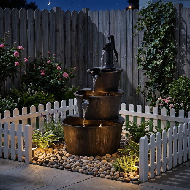 Front. Costway - Costway 3-Tier Outdoor Barrel Waterfall Fountain with Cascading Water Flow & Electric Pump - Bronze & Black.