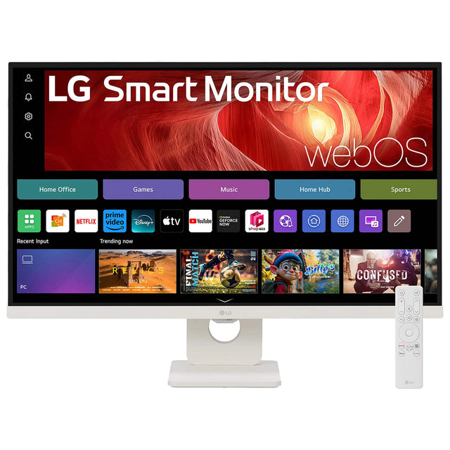 LG Smart Monitor  
webOS  

Home Office  
Games  
Music  
Home Hub  
Sports  

Recent Input  
Trending now  

PC  

RELECS  
FINCH  
Billie's  
CONFUSED  

prime video  
NETFLIX  
Disney+  
tv  
YouTube  
GEFORCE NOW  
shop  
LG