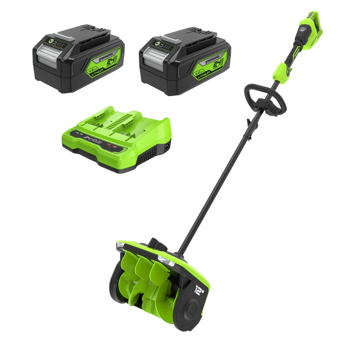Greenworks - 48V (24V x 2) 12" Cordless Battery LED Snow Shovel, with (2)4.0Ah Battery and 4A Dual Port Charger - Green