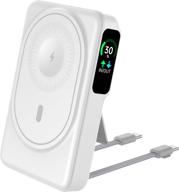 Energizer - 10,000mAh 22.5W Magnetic Wireless Qi/Qi2.0/MagSafe PowerBank, OLED Display, Apple Watch Charger, 2 Built in USB-C Cables - White