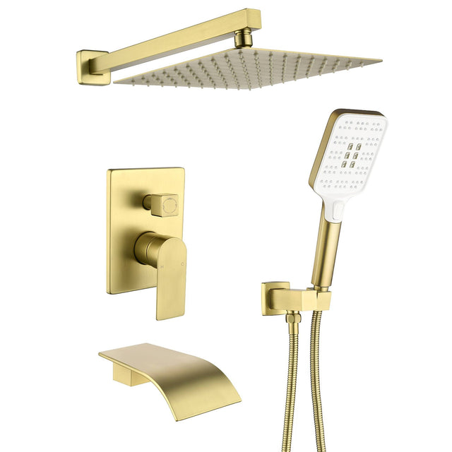 Front. Boyel Living - Brushed Gold Shower Set Brass SUS304 3-Function Valve 10-Inch Top Spray 3-Function Handheld cUPC - Brushed Gold.