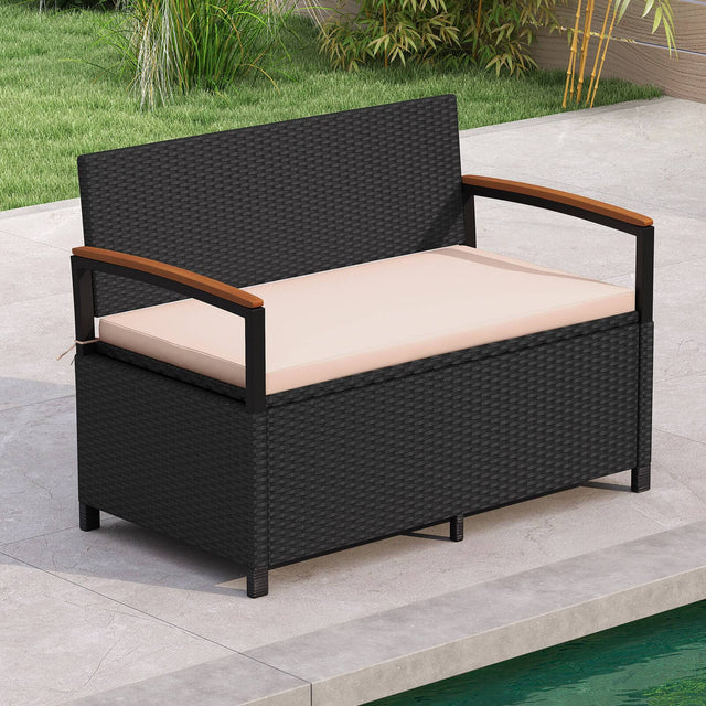 Front. Costway - Costway Outdoor Storage Bench with Cushion Backrest & Acacia Wood Armrests Hidden Storage - Mix Black + Beige.