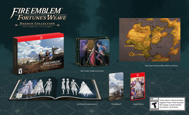 TM FIRE EMBLEM FORTUNE'S WEAVE DAGDAN COLLECTION  
Collection dagdaniennne | Colección dagdana  
002  
- Brigh Madla Lir Sea I Sacun  
- Thalda C  
- Kiopho d L  
- Muiiahd  
- Autle 1 Lhia  
- Buples ExpiTy  
- Lasiall Eldins Bundta  

T1.4.  

EMBLEM EM FIREEMBLE FIRE FORTUNE'S DASDAN COLLECTION WEAVE  

ART CARDS TARJETAS DE ARTE  
Funtaa Jongirs 4 Emacal  
I mauss  
Dunana Bra arantn  
nuorted ingin a Stald Maza  

THE LAND OF DAGDA MAP MAPA DE DAGDA 02  

NTO sMER ART BOOK LIBRO DE ARTE STEELBOOK  

FI