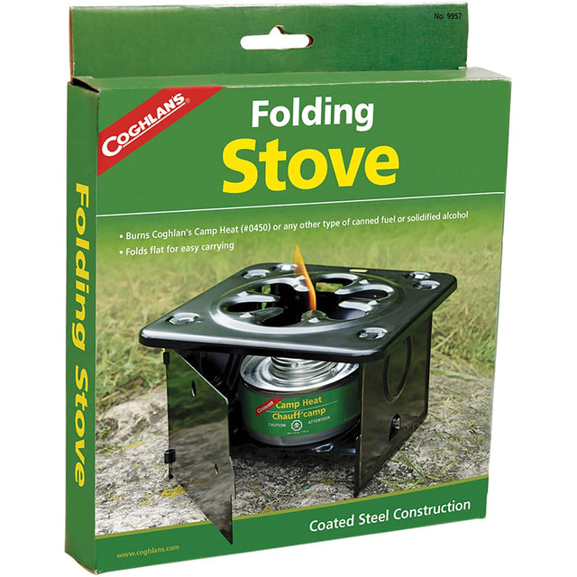 No. 9957  
COGHLANS Folding Stove  
Fuel: Coghlan's Camp Heat (#0450) or any other type of canned fuel or solidified alcohol  
Folds flat for easy carrying  
Steel Construction  
Coated Steel Construction  
www.coghlans.com  

ATTENTION Stove CAUTION