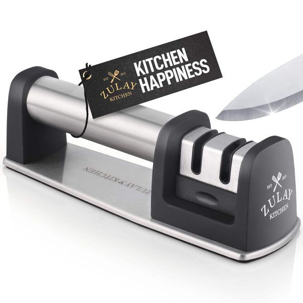 Zulay Kitchen - Premium Quality Knife Sharpener for Straight and Serrated Knives Stainless Steel Ceramic and Tungsten - Black