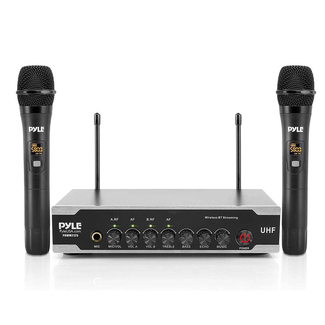 PYLE  
PYLEUSA.com  
POWM2175  

Wireless BT Streaming  
UHF  

A.RF  
AF  
B.RF  
AF  

MIC  
MIC/VOL  
VOL.A  
VOL.B  
TREBLE  
BASS  
ECHO  
MUSIC  
POWER  

PYLE  
PYLEUSA.com  
POWM2175  

Wireless BT Streaming  
UHF  

A.RF  
AF  
B.RF  
AF  

MIC  
MIC/VOL  
VOL.A  
VOL.B  
TREBLE  
BASS  
ECHO  
MUSIC  
POWER