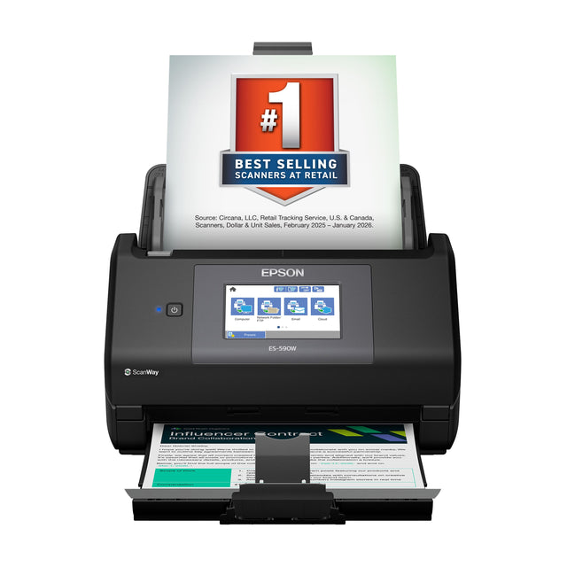 #1 BEST SELLING SCANNERS AT RETAIL  
Source: Circana, LLC. Retail Tracking Service, U.S. & Canada. Scanners, Dollar & Unit Sales, February 2025 – January 2026.  

EPSON  
ScanWay  
ES-590W