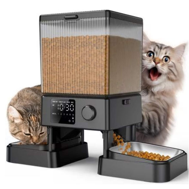 Front. Oneisall - 5L/169oz Dual Bowl Automatic Cat Feeder, Stainless Steel,Freshness Seal,Voice Record,Dual Power Supply - Black.