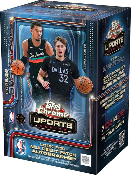 Topps Chrome Update Series 2025/26 Basketball

San Antonio Basketball
Dallas Basketball

Look for case hits and flag basketball and hits for 32 Wilson Look Paradox Canvas! 2025/26 Basketball Blue and Victor Wembanyama Glass Basketball White and Refractors! 9 PPS Red

Topps Chrome Cooper Update Series

7 Packs per Box, 4 Cards per Pack, 28 Total Cards

Look for NBA Debut Patch Autographs! (No purchase necessary. May contain redemption cards with expiration dates. Visit topps.com/NPN for details and entry.)