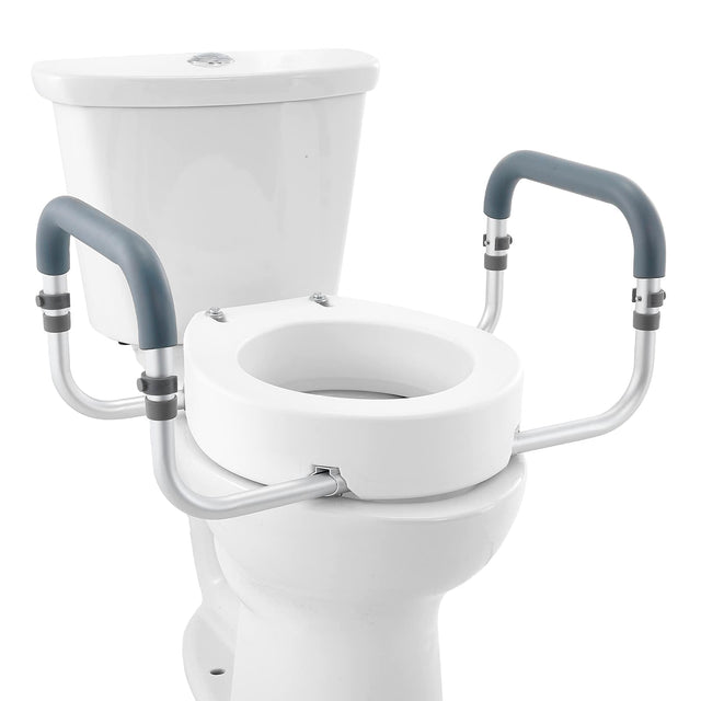 Front. VEVOR - Raised Toilet Seat, 3.5" Height Raised, 300 lbs Weight Capacity, for Standard Round Toilet, Aluminum Handrail - White.