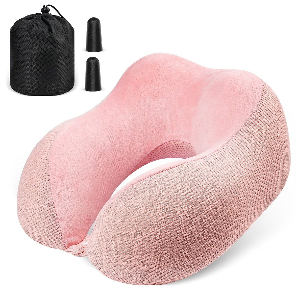 Fosmon - Travel Pillow, Neck Pillow Airplane, Travel Neck Pillow, Memory Foam Neck Pillow with Washable Cover & Ear Plugs - Pink