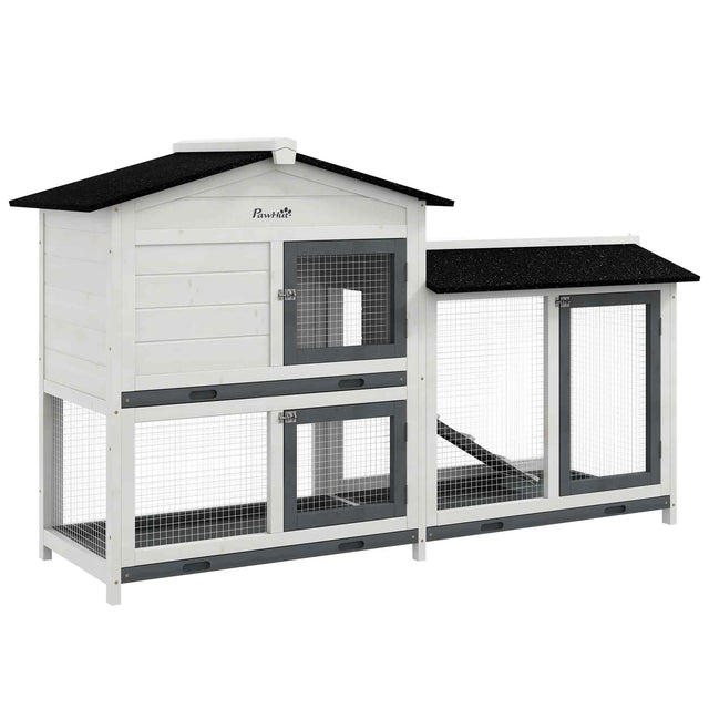 Front. Pawhut - Rabbit Hutch, Wooden Bunny Hutch, Guinea Pig Cage, Small Animal Enclosure with Run Area.