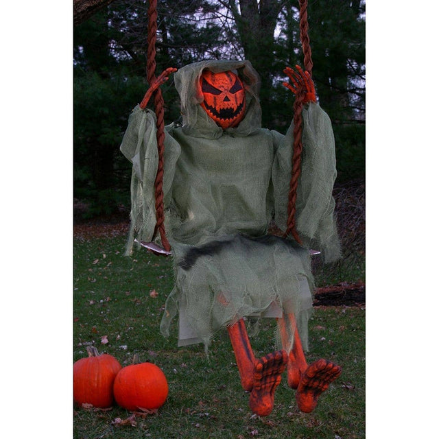 Front. Funworld - 36" Pumpkin Man on Swing Hanging Halloween Décor - Red.