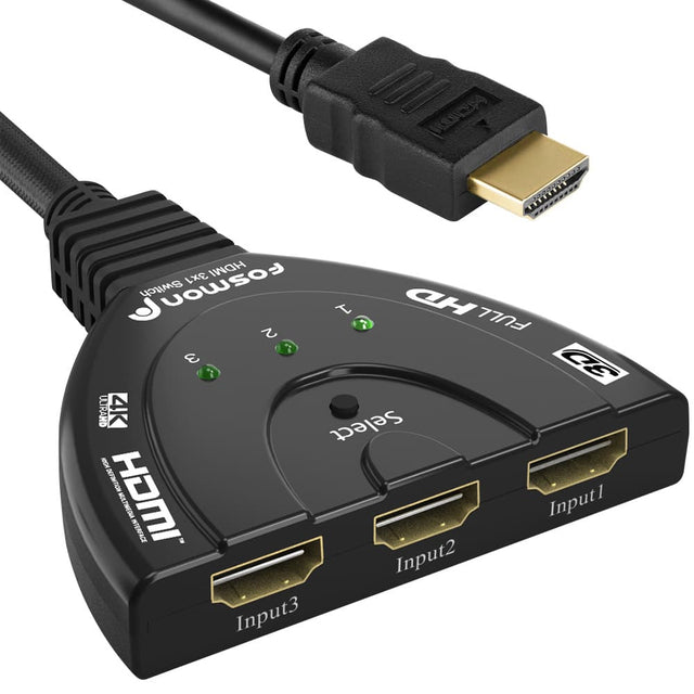 H HEWEEEEW. 3x1 HDMI Switch fosmon 1 HD 2 7 FULL 7 3 3D 7 ULIRAMD 4K Select  HOMI nothingto_tanscribe INTERFACE Input1 Input2 Input3