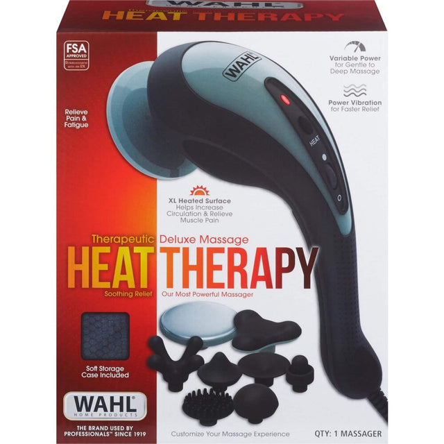 WAHL HEAT THERAPY FSA APPROVED Variable Power REMBUREMENT AN RX WAHL for Gentle to Deep Massage Power Vibration for Faster Relief Relieve Pain & Fatigue HEAT

XL Heated Surface Helps Increase Circulation & Relieve Muscle Pain Therapeutic Deluxe Massage HEAT THERAPY Soothing Relief Our Most Powerful Massager

Soft Storage Case Included

WAHL HOME PRODUCTS
THE BRAND USED BY PROFESSIONALS SINCE 1919

Customize Your Massage Experience

QTY: 1 MASSAGER