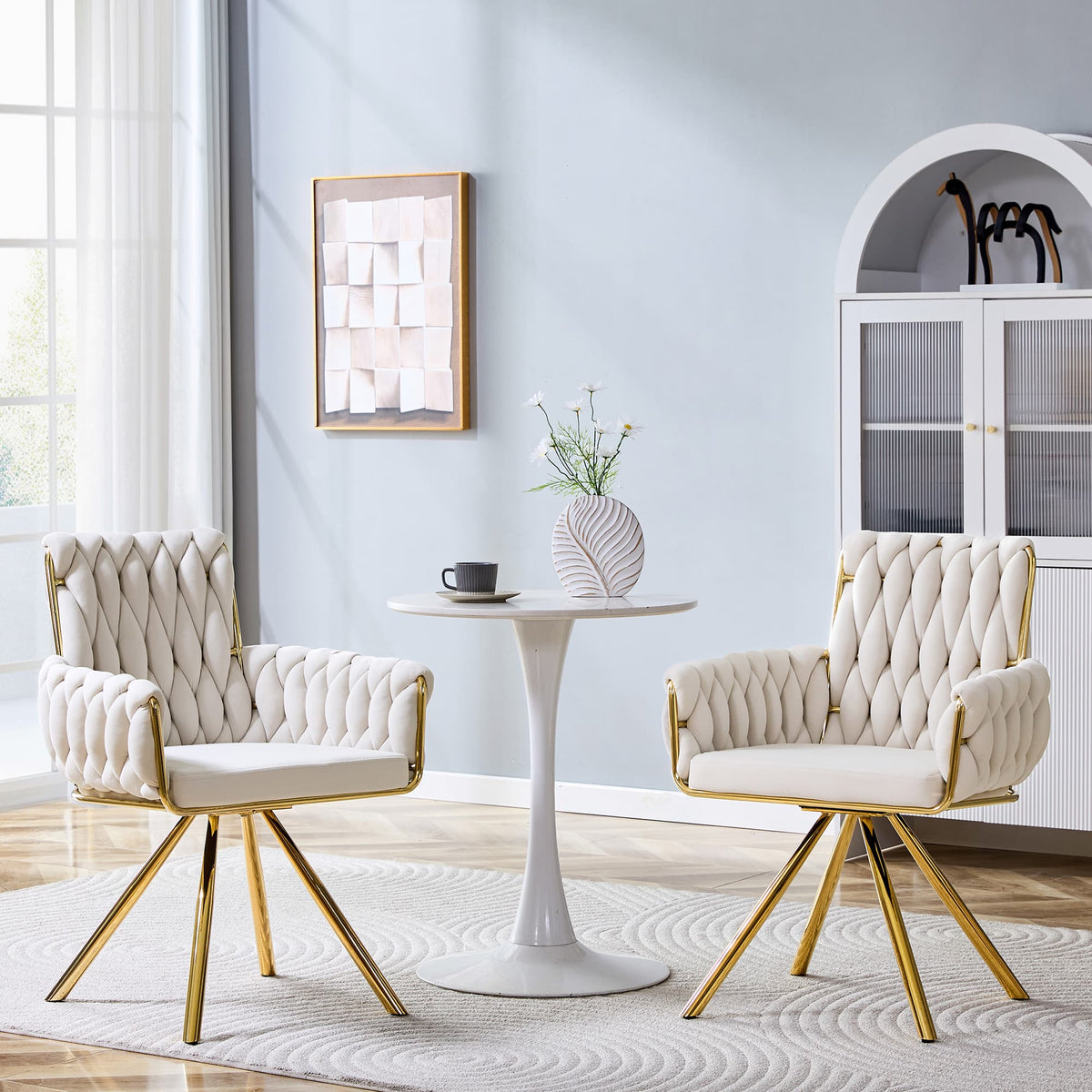 Anysun - Set of 2 Velvet Braided Dining Chairs with Gold Metal Legs, Modern Luxury Accent Armchair with Woven Rope Backrest - Beige,Gold