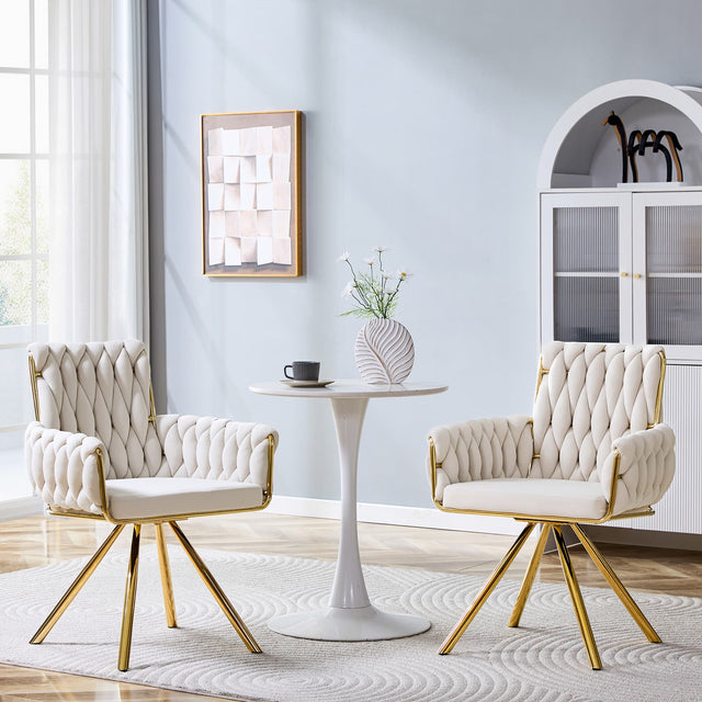Front. Anysun - Set of 2 Velvet Braided Dining Chairs with Gold Metal Legs, Modern Luxury Accent Armchair with Woven Rope Backrest - Beige,Gold.